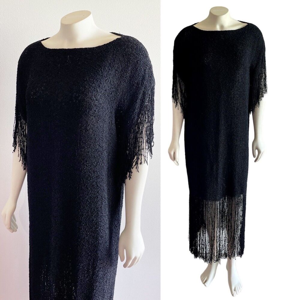 Panache Dress Maxi Hand Woven Dream Weaver Knit Fringe Black Medium Vintage